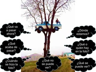 ¿Dónde estamos? ¿Qué o quién hay en la foto? ¿Qué se puede ver? ¿Qué no se puede ver? ¿Cuándo se hizo la foto? ¿Qué acaba de pasar? ¿Qué va a pasar ahora? 