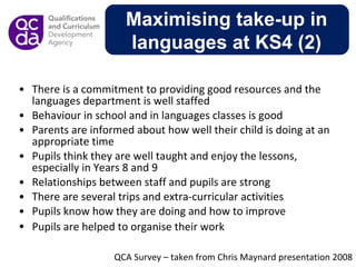 There is a commitment to providing good resources and the languages department is well staffed Behaviour in school and in languages classes is good  Parents are informed about how well their child is doing at an appropriate time  Pupils think they are well taught and enjoy the lessons, especially in Years 8 and 9 Relationships between staff and pupils are strong   There are several trips and extra-curricular activities Pupils know how they are doing and how to improve   Pupils are helped to organise their work   Maximising take-up in languages at KS4 (2) QCA Survey – taken from Chris Maynard presentation 2008 