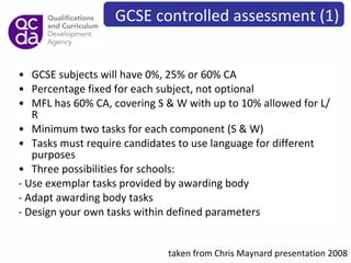 GCSE subjects will have 0%, 25% or 60% CA Percentage fixed for each subject, not optional  MFL has 60% CA, covering S & W with up to 10% allowed for L/R Minimum two tasks for each component (S & W) Tasks must require candidates to use language for different purposes Three possibilities for schools:  - Use exemplar tasks provided by awarding body - Adapt awarding body tasks - Design your own tasks within defined parameters GCSE controlled assessment (1) taken from Chris Maynard presentation 2008 
