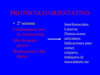 PROTOCOLO ORIENTATIVO 2ª semana Continuamos con la cicatrización. Movilización pasiva. Reeducación vida diaria. Interferenciales Láser/us Distracciones articulares Indicaciones para comer, relajarse, trabajarse la  musculatura etc 