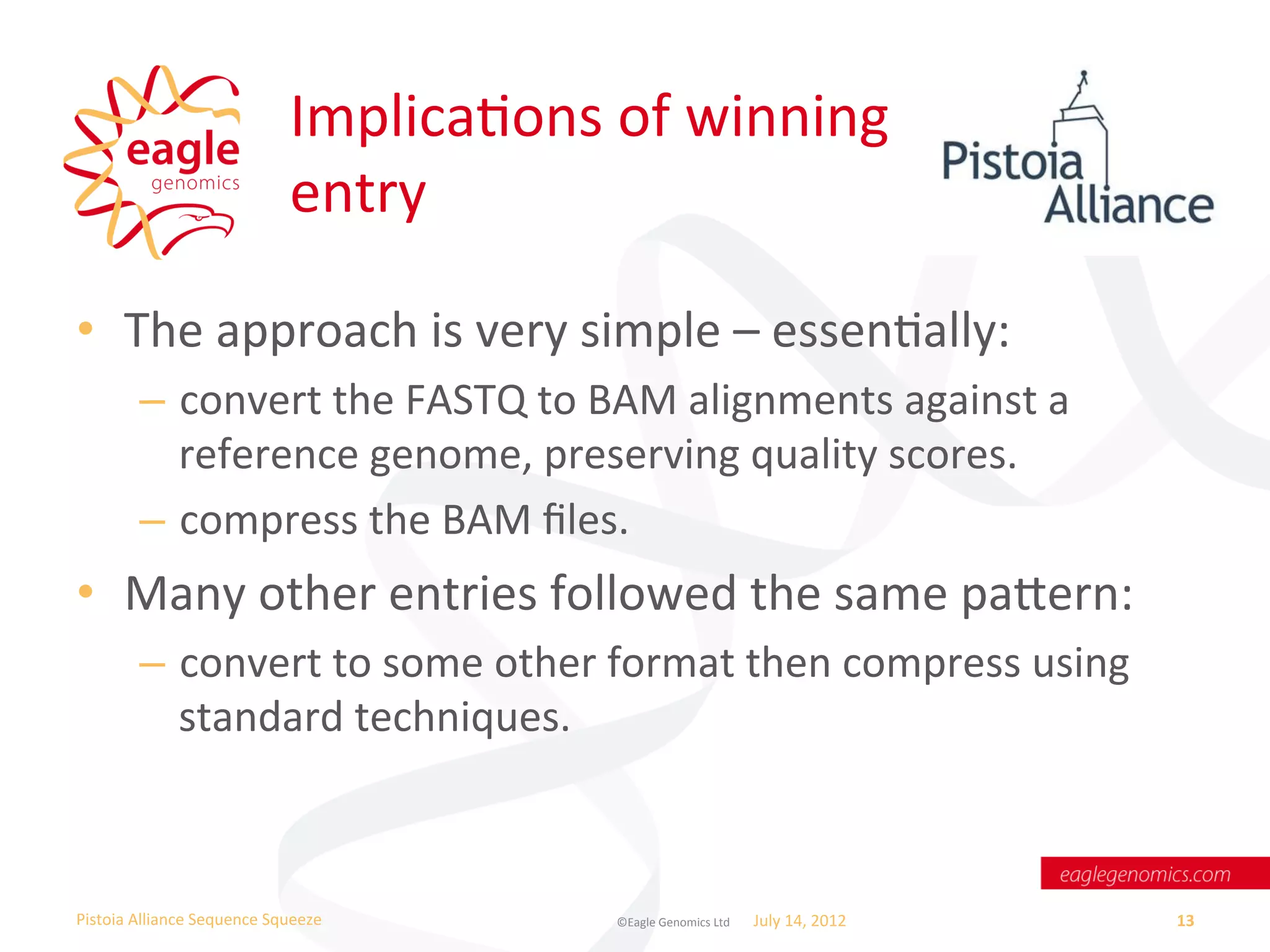 ImplicaWons	
  of	
  winning	
  	
  
                                       entry	
  

•  The	
  approach	
  is	
  very	
  simple	
  –	
  essenWally:	
  
           –  convert	
  the	
  FASTQ	
  to	
  BAM	
  alignments	
  against	
  a	
  
              reference	
  genome,	
  preserving	
  quality	
  scores.	
  
           –  compress	
  the	
  BAM	
  ﬁles.	
  	
  
•  Many	
  other	
  entries	
  followed	
  the	
  same	
  paern:	
  	
  
           –  convert	
  to	
  some	
  other	
  format	
  then	
  compress	
  using	
  
              standard	
  techniques.	
  



Pistoia	
  Alliance	
  Sequence	
  Squeeze	
             ©Eagle	
  Genomics	
  Ltd	
  	
     July	
  14,	
  2012	
     13	
  
 