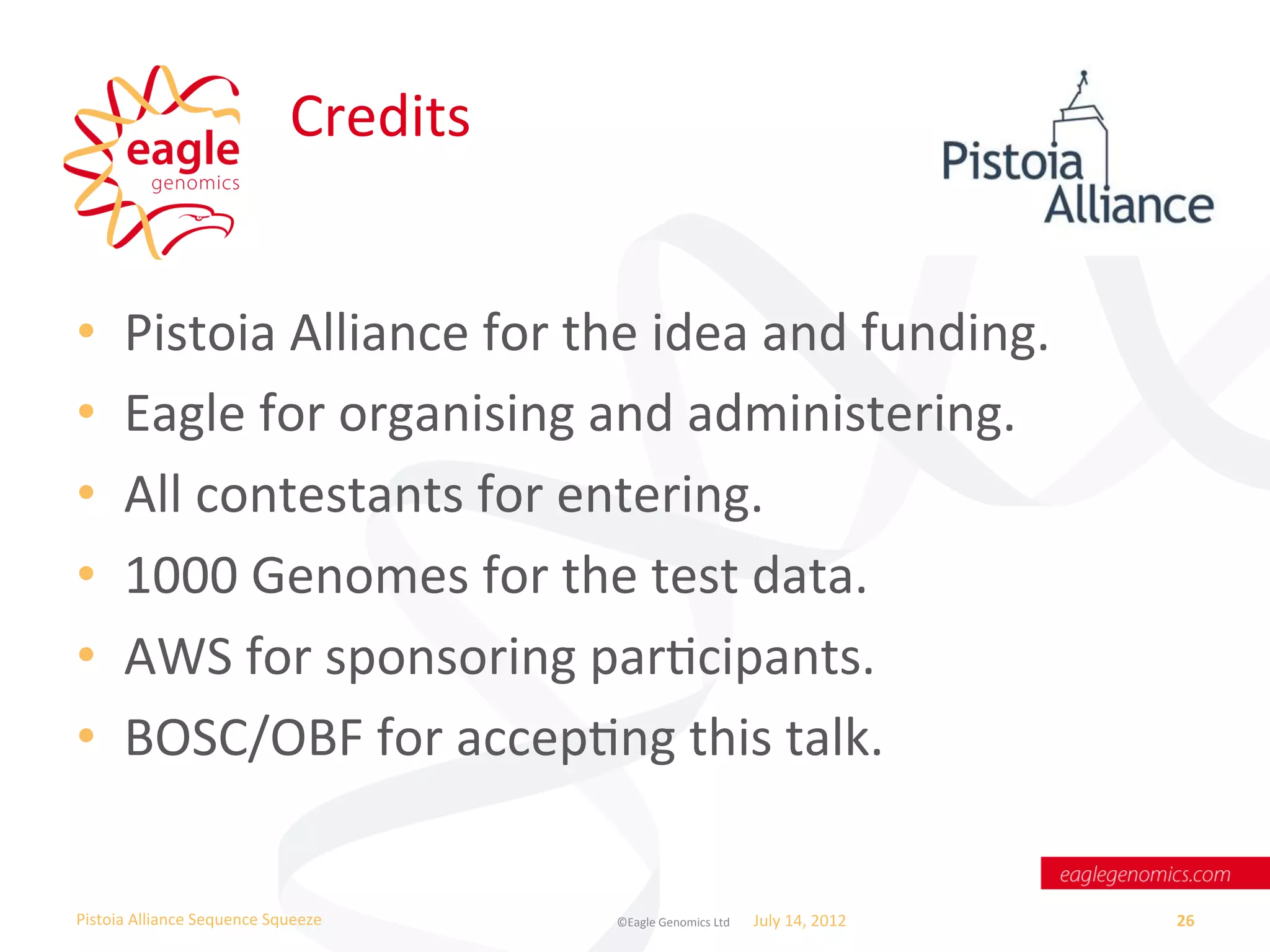 Credits	
  


•       Pistoia	
  Alliance	
  for	
  the	
  idea	
  and	
  funding.	
  
•       Eagle	
  for	
  organising	
  and	
  administering.	
  
•       All	
  contestants	
  for	
  entering.	
  
•       1000	
  Genomes	
  for	
  the	
  test	
  data.	
  
•       AWS	
  for	
  sponsoring	
  parWcipants.	
  
•       BOSC/OBF	
  for	
  accepWng	
  this	
  talk.	
  


Pistoia	
  Alliance	
  Sequence	
  Squeeze	
         ©Eagle	
  Genomics	
  Ltd	
  	
     July	
  14,	
  2012	
     26	
  
 