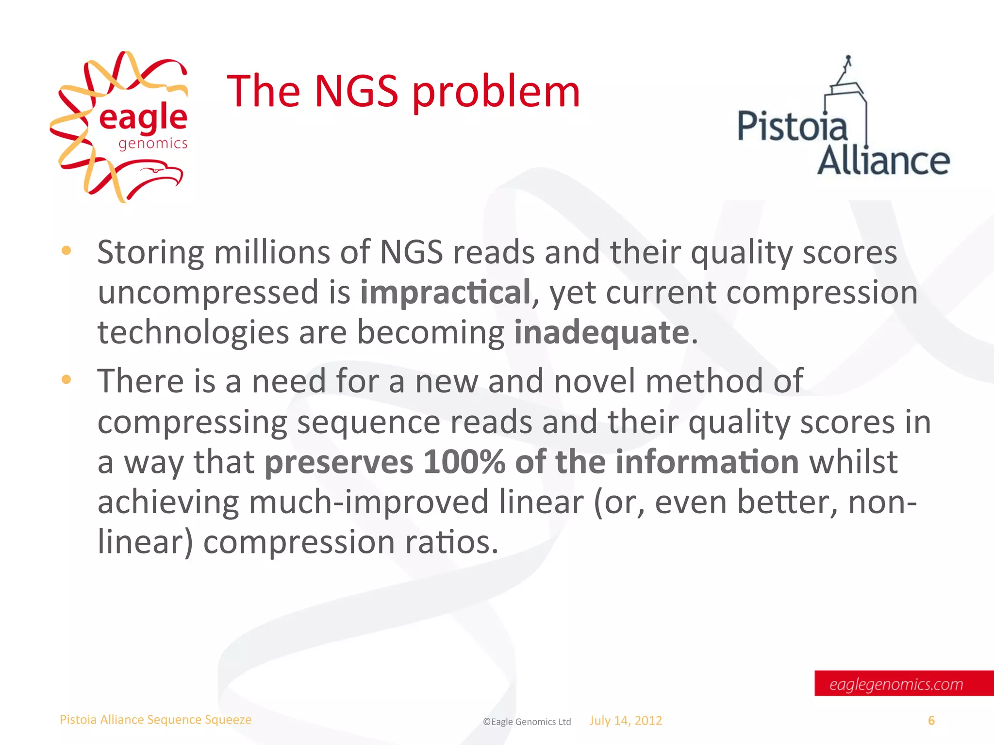 The	
  NGS	
  problem	
  


•  Storing	
  millions	
  of	
  NGS	
  reads	
  and	
  their	
  quality	
  scores	
  
   uncompressed	
  is	
  imprac,cal,	
  yet	
  current	
  compression	
  
   technologies	
  are	
  becoming	
  inadequate.	
  	
  
•  There	
  is	
  a	
  need	
  for	
  a	
  new	
  and	
  novel	
  method	
  of	
  
   compressing	
  sequence	
  reads	
  and	
  their	
  quality	
  scores	
  in	
  
   a	
  way	
  that	
  preserves	
  100%	
  of	
  the	
  informa,on	
  whilst	
  
   achieving	
  much-­‐improved	
  linear	
  (or,	
  even	
  beer,	
  non-­‐
   linear)	
  compression	
  raWos.	
  



Pistoia	
  Alliance	
  Sequence	
  Squeeze	
            ©Eagle	
  Genomics	
  Ltd	
  	
     July	
  14,	
  2012	
     6	
  
 