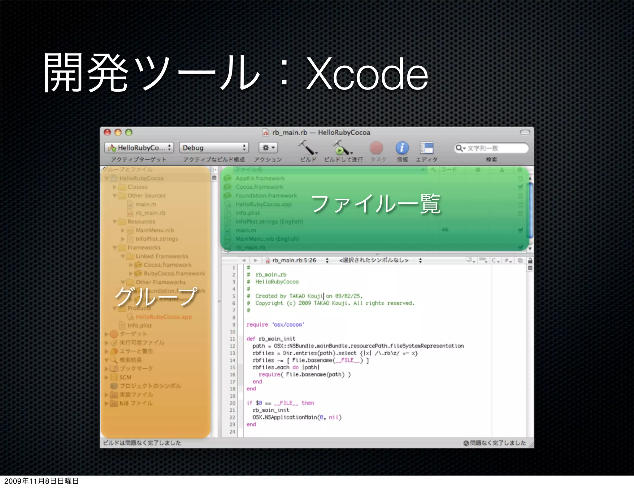 開発ツール：Xcode

                       ファイル一覧



                グループ




2009年11月8日日曜日
 