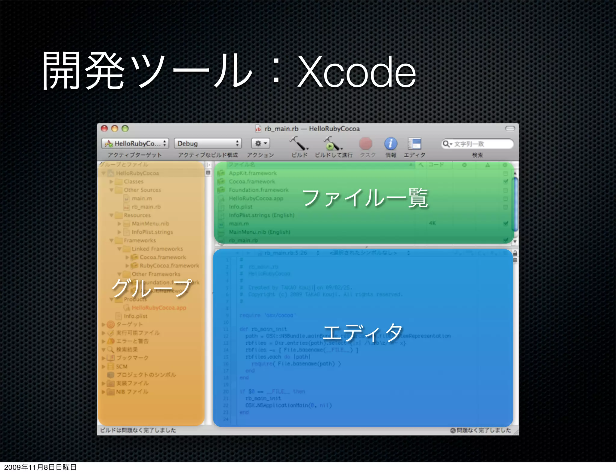 開発ツール：Xcode

                       ファイル一覧



                グループ

                       エディタ




2009年11月8日日曜日
 