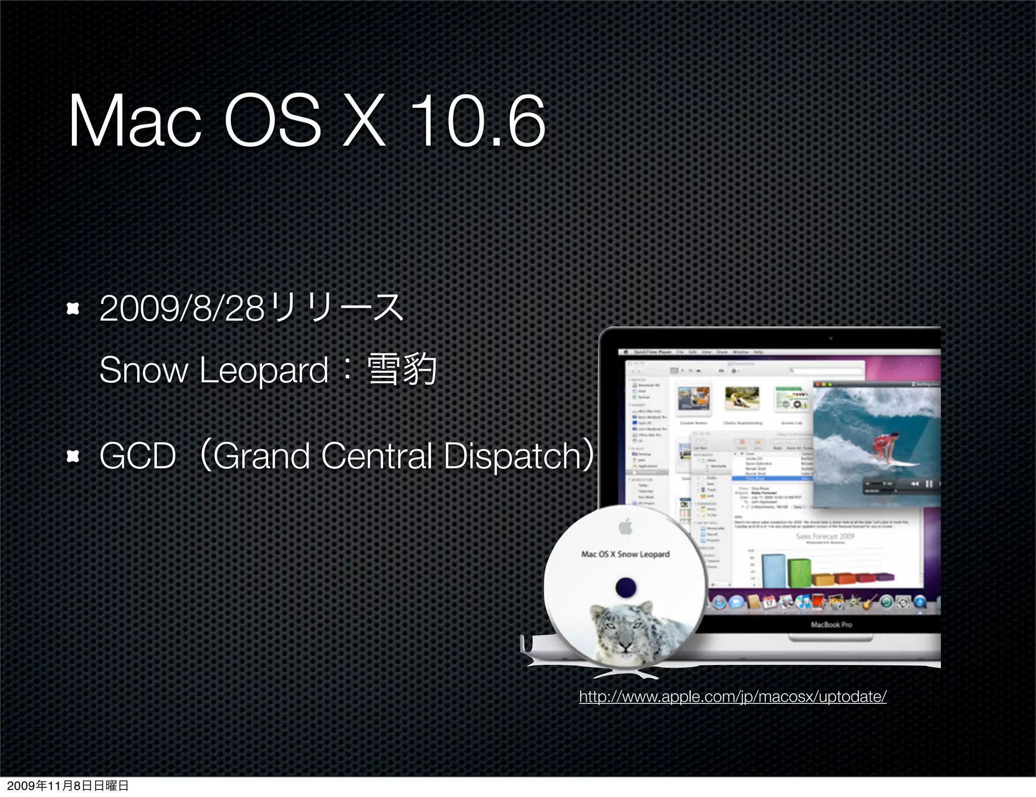 Mac OS X 10.6

         2009/8/28リリース
         Snow Leopard：雪

         GCD（Grand Central Dispatch）




                                 http://www.apple.com/jp/macosx/uptodate/




2009年11月8日日曜日
 