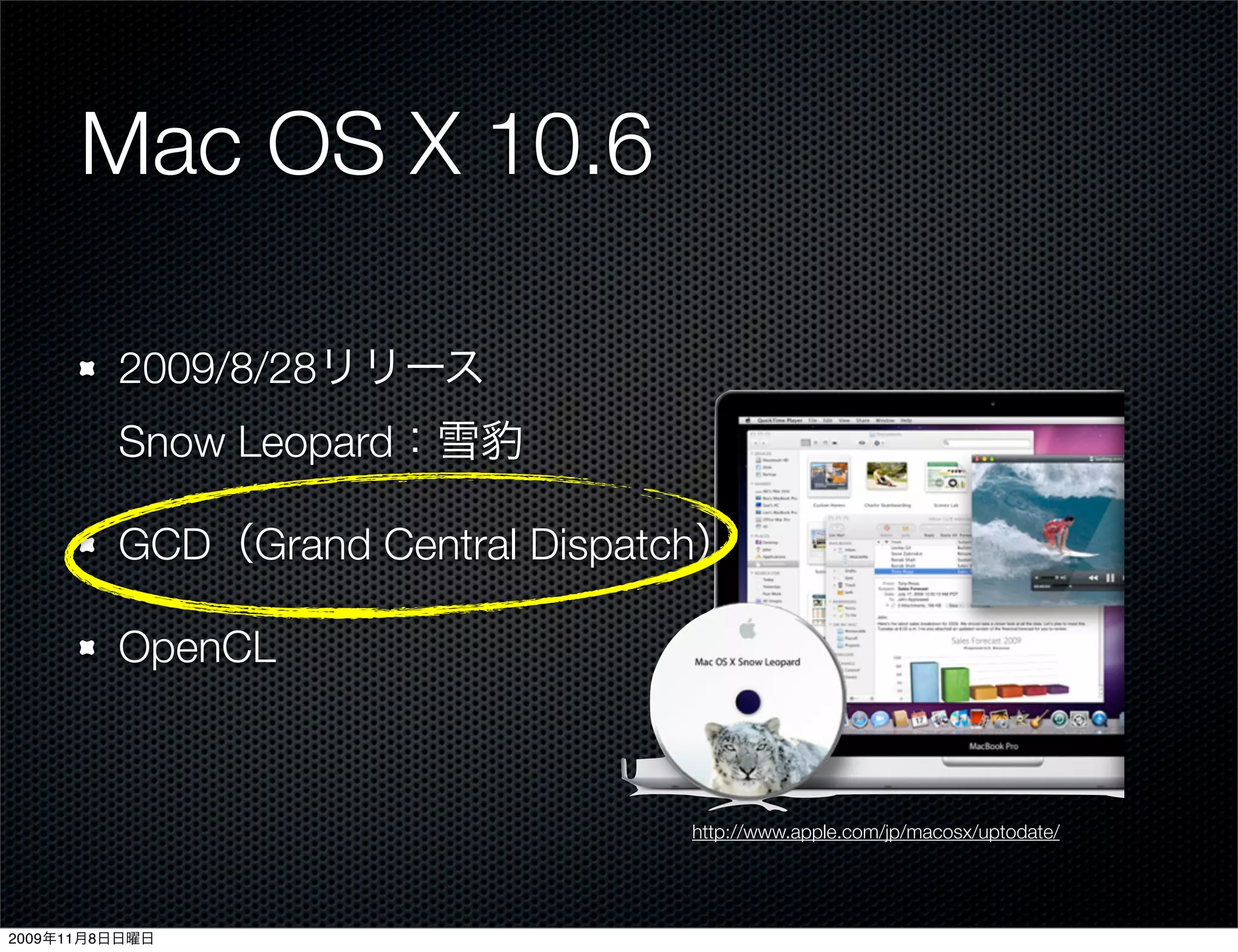Mac OS X 10.6

         2009/8/28リリース
         Snow Leopard：雪

         GCD（Grand Central Dispatch）

         OpenCL



                                 http://www.apple.com/jp/macosx/uptodate/




2009年11月8日日曜日
 