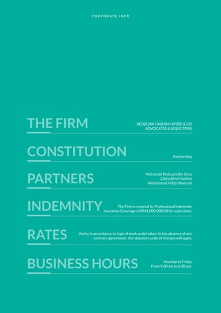 C O R P O R A T E I N F O
REDZUAN HASHIM HIFDZI & CO
ADVOCATES & SOLICITORS
THE FIRM
CONSTITUTION
PARTNERS
Partnership
Mohamad Redzuan Bin Idrus
Zalina Binti Hashim
Mohammad Hifdzi Hamzah
The Firm is covered by Professional Indemnity
Insurance Coverage of RM1,000,000.00 for each claim.INDEMNITY
Varies in accordance to type of work undertaken. In the absence of any
contrary agreement, the statutory scale of charges will apply.RATES
BUSINESS HOURS Monday to Friday
From 9.00 am to 6.00 pm.
 