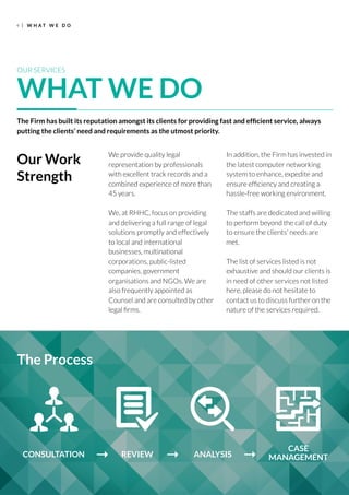 We provide quality legal
representation by professionals
with excellent track records and a
combined experience of more than
45 years.
We, at RHHC, focus on providing
and delivering a full range of legal
solutions promptly and effectively
to local and international
businesses, multinational
corporations, public-listed
companies, government
organisations and NGOs. We are
also frequently appointed as
Counsel and are consulted by other
legal ﬁrms.
In addition, the Firm has invested in
the latest computer networking
system to enhance, expedite and
ensure efﬁciency and creating a
hassle-free working environment.
The staffs are dedicated and willing
to perform beyond the call of duty
to ensure the clients’ needs are
met.
The list of services listed is not
exhaustive and should our clients is
in need of other services not listed
here, please do not hesitate to
contact us to discuss further on the
nature of the services required.
OUR SERVICES
WHAT WE DO
The Firm has built its reputation amongst its clients for providing fast and efﬁcient service, always
putting the clients’ need and requirements as the utmost priority.
Our Work
Strength
4 W H A T W E D O
The Process
CONSULTATION REVIEW ANALYSIS
CASE
MANAGEMENT→ → →
 