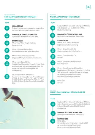 R
CHAMBERING
Trained in corporate conveyancing, especially in
the tasks of housing and corporate loans.
ADMISSION TO MALAYSIAN BAR
Admitted to the Malaysian Bar in 2004.
EXPERIENCES
Messrs Soo Thien Ming & Nashrah
Conveyancing.
Messrs Othman Hashim & Co.
Insurance matters and general litigation.
Messrs Dass Jainab & Associates
Litigation. Mainly in motor insurance claims.
Messrs A.M. Zaharil & Co.
Head at Kota Damansara's branch. His portfolio
was to manage, marketing and supervised the
respective clients in both litigation and
conveyancing.
Set up his own ﬁrm, Hifdzi & Co.
Advisor to K.H Group Berhad, Piramid Harapan
(M) Sdn Bhd, Vortex Studios Sdn Bhd, Ten View
(M) Sdn Bhd and Bertam Security Services Sdn
Bhd.
Graduated from Universiti Kebangsaan Malaysia
with Degree in Law LL.B (Hons) in 2003.
Started chambering.
ADMISSION TO MALAYSIAN BAR
Admitted to the Malaysian Bar in 2004.
EXPERIENCES
Messrs. M.N. Amin & Associates
Legal Assistant. Conveyancing
Messrs Ghazali Ismail & Co.
Conveyancing and criminal matters.
Messrs Ghazali Ismail & Co.
Partner.
Messrs Zamani A.Rahim & Partners
Sole Proprietor
Messrs Rusmah Arunan & Associates
Legal Assistant. Conveyancing matters including
S&P agreement, transfer of property, tenancy
agreement, preparing housing loan
documentation, charges over land.
Hifdzi & Co.
Partner.
Graduated from Universiti Kebangsaan Malaysia
with a Degree in Law LL.B (Hons) and a Diploma
in Syariah Legal Practice (DSLP). Started
Chambering.
ADMISSION TO MALAYSIAN BAR
Admitted to the Malaysian Bar in 2012.
EXPERIENCES
Hifdzi & Co.
Partner. Conveyancing matters including S&P
agreement, preparing housing loan
documentation, charges over land.
SENIOR PARTNER
MOHAMMAD HIFDZI BIN HAMZAH
PARTNER
NURUL WARDAH BT MOHD NOR
PARTNER
MAHFUZAH HANISAH BT MOHD ARIFF
‘03
YEAR
FEB
‘04
FEB
‘04
JUN
‘04
JAN
’06
MAR
’07
FEB
’08
‘03
YEAR
FEB
‘04
FEB
‘04
MAR
’06
JAN
’07
AUG
’07
AUG
’08
NOV
’12
YEAR
’11
?
’12
JUL
’12
 
