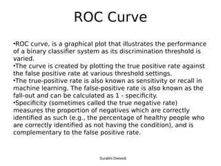 ROC Curve
•ROC curve, is a graphical plot that illustrates the performance
of a binary classifier system as its discrimination threshold is
varied.
•The curve is created by plotting the true positive rate against
the false positive rate at various threshold settings.
•The true-positive rate is also known as sensitivity or recall in
machine learning. The false-positive rate is also known as the
fall-out and can be calculated as 1 - specificity.
•Specificity (sometimes called the true negative rate)
measures the proportion of negatives which are correctly
identified as such (e.g., the percentage of healthy people who
are correctly identified as not having the condition), and is
complementary to the false positive rate.
Surabhi Dwivedi
 