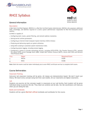 RHCE Syllabus
General Information
Description
A Red Hat® Certified Engineer (RHCE®) is a Red Hat Certified System Administrator (RHCSA) who possesses additional
skills, knowledge, and abilities required of a senior system administrator responsible for Red Hat Enterprise Linux®
systems.
An RHCE is capable of:
• Configuring static routes, packet filtering, and network address translation.
• Setting kernel runtime parameters.
• Configuring an Internet Small Computer System Interface (iSCSI) initiator.
• Producing and delivering reports on system utilization.
• Using shell scripting to automate system maintenance tasks.
• Configuring system logging, including remote logging.
• Configuring a system to provide networking services, including HTTP/HTTPS, File Transfer Protocol (FTP), network
file system (NFS), server message block (SMB), Simple Mail Transfer Protocol (SMTP), secure shell (SSH) and Network
Time Protocol (NTP).
Step Paper Required Exam
1 RHCSA EX200
2 RHCE EX300
Note: Both the exams could be taken individually but to earn RHCE certificate one has to complete both exams.
Course Deliverables
Classroom Training
Instructor led classroom training will be given. All classes are demonstration based. We don’t teach just
theory. We teach every concept using real-time case studies. All our classrooms are digital classrooms.
Lab
Students can practice all the concepts taught in classrooms at our Lab facility. Each student will be given
individual setup to practice the lab. They need not combine and do labs. Our lab coordinators will help you
when you are doing the labs
Books and workbooks
Students will be a given Red Hat’s official textbooks and workbooks for the course.
Page 1
 