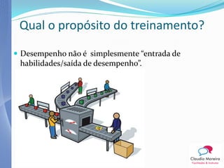 Qual o propósito do treinamento?

 Desempenho não é simplesmente “entrada de
 habilidades/saída de desempenho”.
 