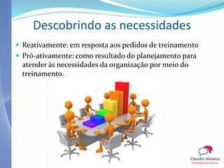Descobrindo as necessidades
 Reativamente: em resposta aos pedidos de treinamento
 Pró-ativamente: como resultado do planejamento para
 atender às necessidades da organização por meio do
 treinamento.
 