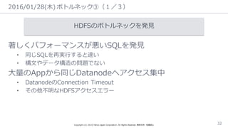 2016/01/28(⽊木)  ボトルネック③（１／３）
Copyright  (C)  2016  Yahoo  Japan  Corporation.  All  Rights  Reserved.  無断引⽤用・転載禁⽌止 32
HDFSのボトルネックを発⾒見見
著しくパフォーマンスが悪いSQLを発⾒見見
• 同じSQLを再実⾏行行すると速い
• 構⽂文やデータ構造の問題でない
⼤大量量のAppから同じDatanodeへアクセス集中
• DatanodeのConnection  Timeout
• その他不不明なHDFSアクセスエラー
 