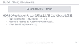 2016/01/28(⽊木) ボトルネック⑤
Copyright  (C)  2016  Yahoo  Japan  Corporation.  All  Rights  Reserved.  無断引⽤用・転載禁⽌止 33
Datanodeのビジーを解消
HDFSのReplicationFactorを引き上げることでbusyを回避
• ReplicationFactor：３(Default) → １０
• hadoop fs –setrep 10 /user/hive/warehouse/...
• hive> set  dfs.replication=10;
 