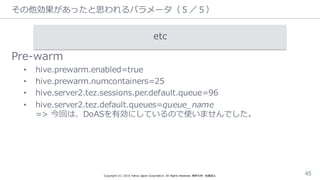 その他効果があったと思われるパラメータ（５／５）
Pre-‐‑‒warm
• hive.prewarm.enabled=true
• hive.prewarm.numcontainers=25
• hive.server2.tez.sessions.per.default.queue=96
• hive.server2.tez.default.queues=queue_̲name
=>  今回は、DoASを有効にしているので使いませんでした。
Copyright  (C)  2016  Yahoo  Japan  Corporation.  All  Rights  Reserved.  無断引⽤用・転載禁⽌止 45
etc
 