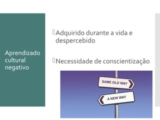 Aprendizado
cultural
negativo
Adquirido durante a vida e
despercebido
Necessidade de conscientização
 
