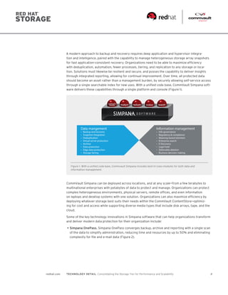 4redhat.com TECHNOLOGY DETAIL  Consolidating the Storage Tier for Performance and Scalability
A modern approach to backup and recovery requires deep application and hypervisor integra-
tion and intelligence, paired with the capability to manage heterogeneous storage array snapshots
for fast application-consistent recovery. Organizations need to be able to maximize efficiency
with deduplication, automation, fewer processes, tiering, and replication to any storage or loca-
tion. Solutions must likewise be resilient and secure, and posses the capability to deliver insights
through integrated reporting, allowing for continual improvement. Over time, all protected data
should become an asset rather than a management burden, by securely allowing self-service access
through a single searchable index for new uses. With a unified code base, CommVault Simpana soft-
ware delivers these capabilities through a single platform and console (Figure 1).
Data mangement
• Backup and recovery
• Snapshot integration
• Deduplication
• Virtual server protection
• Archive
• Data protection
• Edge data protection
• Storage tiering
Information management
• Info governance
• Regulatory & compliance
• Meaning-based retention
• Enterprise search
• E-Discovery
• Legal hold
• Defensible deletion
• Business decision making
Figure 1. With a unified code base, Commvault Simpana includes best-in-class modules for both data and
information management.
CommVault Simpana can be deployed across locations, and at any scale—from a few terabytes to
multinational enterprises with petabytes of data to protect and manage. Organizations can protect
complex heterogeneous environments, physical servers, remote offices, and even information
on laptops and desktop systems with one solution. Organizations can also maximize efficiency by
deploying whatever storage best suits their needs within the CommVault ContentStore—optimiz-
ing for cost and access while supporting diverse media types that include disk arrays, tape, and the
cloud.
Some of the key technology innovations in Simpana software that can help organizations transform
and deliver modern data protection for their organization include:
•	Simpana OnePass. Simpana OnePass converges backup, archive and reporting with a single scan
of the data to simplify administration, reducing time and resources by up to 50% and eliminating
complexity for file and e-mail data (Figure 2).
 