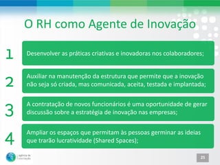 O RH como Agente de Inovação

Desenvolver as práticas criativas e inovadoras nos colaboradores;


Auxiliar na manutenção da estrutura que permite que a inovação
não seja só criada, mas comunicada, aceita, testada e implantada;

A contratação de novos funcionários é uma oportunidade de gerar
discussão sobre a estratégia de inovação nas empresas;


Ampliar os espaços que permitam às pessoas germinar as ideias
que trarão lucratividade (Shared Spaces);

                                                               25
 