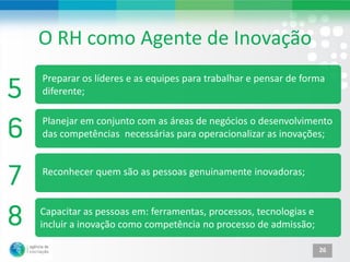 O RH como Agente de Inovação
Preparar os líderes e as equipes para trabalhar e pensar de forma
diferente;

Planejar em conjunto com as áreas de negócios o desenvolvimento
das competências necessárias para operacionalizar as inovações;


Reconhecer quem são as pessoas genuinamente inovadoras;


Capacitar as pessoas em: ferramentas, processos, tecnologias e
incluir a inovação como competência no processo de admissão;

                                                                 26
 