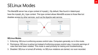 29
SELinux Modes
The MariaDB server has a type context of mysqld_t. By default, files found in /data/mysql
have the mysqld_db_t type context. This type context allows MariaDB access to those files but
disables access by other services, such as the Apache web service.
SELinux Modes
1. Enforcing: SELinux is enforcing access control rules. Computers generally run in this mode.
2. Permissive: SELinux is active but instead of enforcing access control rules, it records warnings of
rules that have been violated. This mode is used primarily for testing and troubleshooting.
3. Disabled: SELinux is turned off entirely: no SELinux violations are denied, nor even recorded.
 