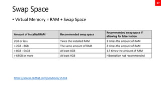 37
Swap Space
• Virtual Memory = RAM + Swap Space
Amount of installed RAM Recommended swap space
Recommended swap space if
allowing for hibernation
2GB or less Twice the installed RAM 3 times the amount of RAM
> 2GB - 8GB The same amount of RAM 2 times the amount of RAM
> 8GB - 64GB At least 4GB 1.5 times the amount of RAM
> 64GB or more At least 4GB Hibernation not recommended
https://access.redhat.com/solutions/15244
 