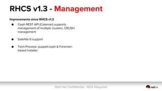 Red Hat Confidential - NDA Required
RHCS v1.3 - Management
Improvements since RHCS v1.2
● Ceph REST API (Calamari) supports
management of multiple clusters, CRUSH
management
● Satellite 6 support
● Tech-Preview: puppet-ceph & Foreman-
based installer
 