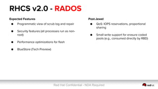 Red Hat Confidential - NDA Required
RHCS v2.0 - RADOS
Expected Features
● Programmatic view of scrub log and repair
● Security features (all processes run as non-
root)
● Performance optimizations for flash
● BlueStore (Tech Preview)
● ...
●
● ...
● ...
●
● ...
Post-Jewel
● QoS: IOPS reservations, proportional
sharing
● Small write support for erasure coded
pools (e.g., consumed directly by RBD)
 