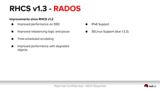 Red Hat Confidential - NDA Required
RHCS v1.3 - RADOS
Improvements since RHCS v1.2
● Improved performance on SSD
● Improved rebalancing logic and pause
● Time-scheduled scrubbing
● Improved performance with degraded
objects
● IPv6 Support
● SELinux Support (due 1.3.2)
 