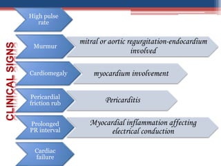 High pulse
rate
Murmur
mitral or aortic regurgitation-endocardium
involved
Cardiomegaly myocardium involvement
Pericardial
friction rub Pericarditis
Prolonged
PR interval
Myocardial inflammation affecting
electrical conduction
Cardiac
failure
 