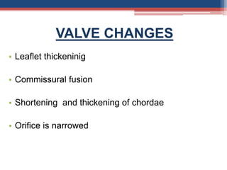 VALVE CHANGES
• Leaflet thickeninig
• Commissural fusion
• Shortening and thickening of chordae
• Orifice is narrowed
 