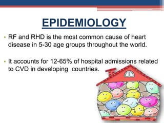 EPIDEMIOLOGY
• RF and RHD is the most common cause of heart
disease in 5-30 age groups throughout the world.
• It accounts for 12-65% of hospital admissions related
to CVD in developing countries.
 