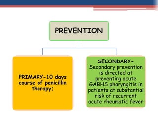 PREVENTION
PRIMARY-10 days
course of penicillin
therapy;
SECONDARY-
Secondary prevention
is directed at
preventing acute
GABHS pharyngitis in
patients at substantial
risk of recurrent
acute rheumatic fever
 