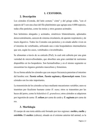 Página | 2
1. CESTODOS.
2. Descripción
Los céstodos (Cestoda, del latín cestum,” cinta" y del griego eidés, "con el
aspecto de") son una clase del filo platelmintos que agrupa unas 4.000 especies,
todas ellas parásitas, como las tenias y otros gusanos acintados.
Son helmintos alargados y acintados, simétricos bilateralmente, aplastados
dorsoventralmente, carecen de sistema circulatorio, de aparato respiratorio y de
tracto digestivo. Todos los Cestodos son parásitos y en estado adulto viven en
el intestino de vertebrados, utilizando uno o más hospedadores intermediarios
que son, según los casos, vertebrados o invertebrados.
Se alimentan a través de su cutícula (Piel), la cual está cubierta por una gran
variedad de microvellosidades, que absorben una gran cantidad de nutrientes
disponibles en los hospederos. Son hermafroditas y en el mismo segmento se
encuentran los órganos genitales masculinos y femeninos.
En su forma adulta los céstodos que con mayor frecuencia parasitan el intestino
del hombre son: Taenia solium, Taenia saginata y Hymenolepis nana. Estos
céstodos son los más importantes.
La transmisión de los céstodos se hace mediante mecanismos variables; unos se
trasmiten por fecalismo humano como H. nana; otros se transmiten por las
heces del perro, como la hidatidosis E. granulosos; otros céstodos se adquieren
por ingestión de carne: T. solium por carne de cerdo y T. saginata por carne de
res.
3. Morfología
El cuerpo de una tenia adulta está formado por tres regiones: escólex, cuello y
estróbilo. El escólex (cabeza), situado en el extremo anterior del animal, es la
 