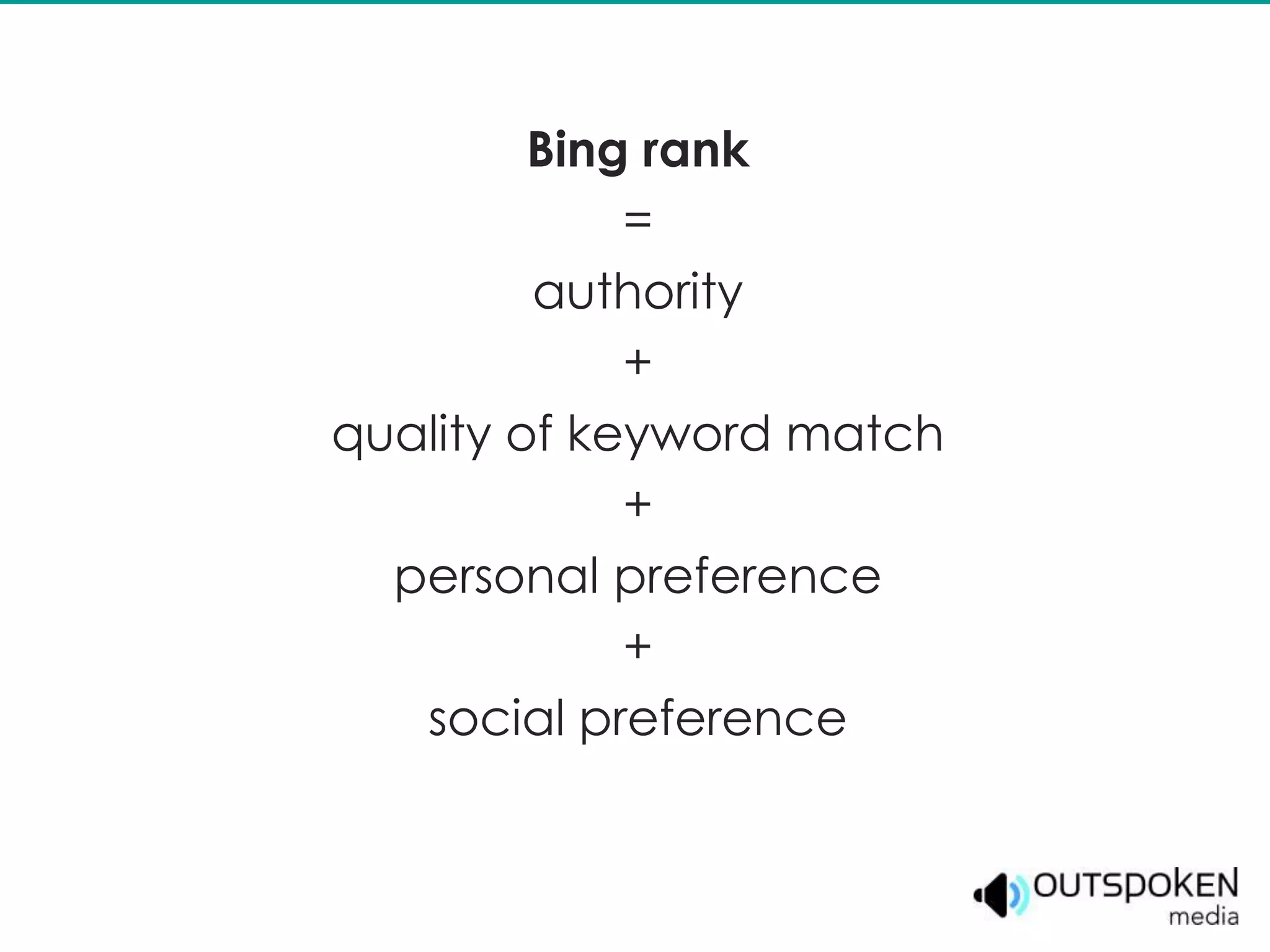 Bing rank
             =
         authority
             +
quality of keyword match
             +
  personal preference
             +
   social preference
 