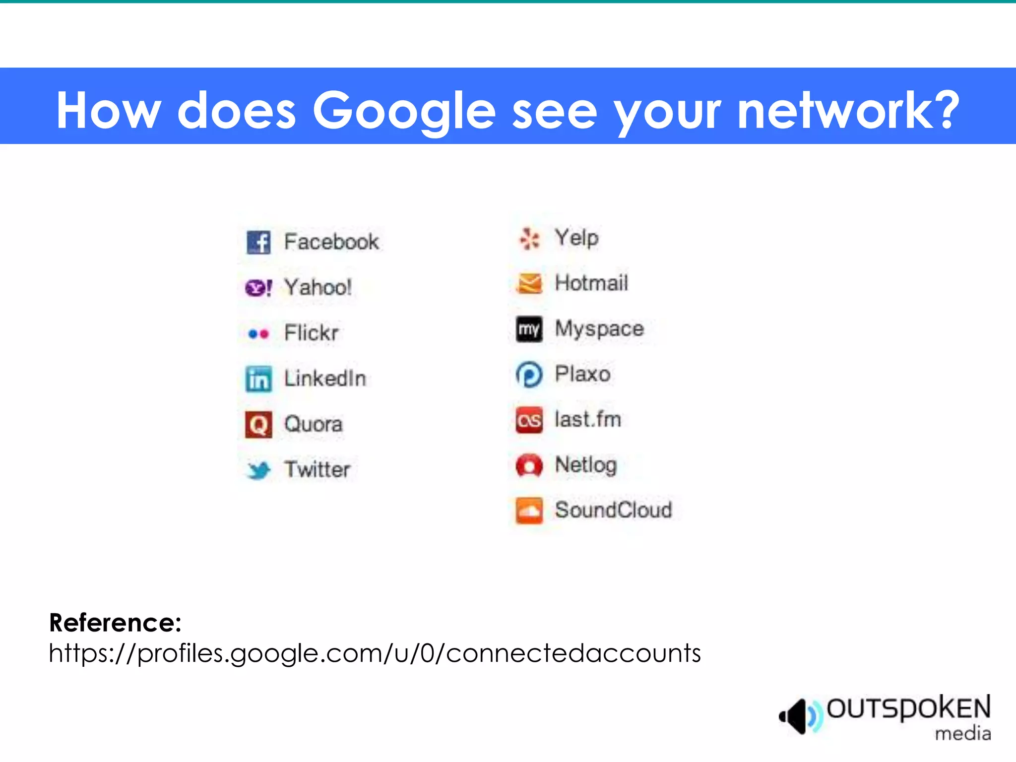 How does Google see your network?




Reference:
https://profiles.google.com/u/0/connectedaccounts
 