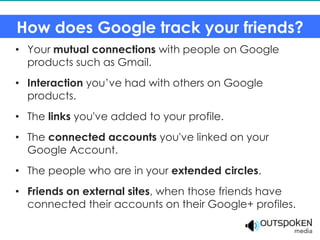 How does Google track your friends?
• Your mutual connections with people on Google
  products such as Gmail.
• Interaction you’ve had with others on Google
  products.
• The links you've added to your profile.
• The connected accounts you've linked on your
  Google Account.
• The people who are in your extended circles.
• Friends on external sites, when those friends have
  connected their accounts on their Google+ profiles.
 