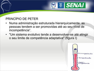 PRINCÍPIO DE PETER Numa administração estruturada hierarquicamente, as pessoas tendem a ser promovidas até ao seu nível de incompetência“. "Um sistema evolutivo tende a desenvolver-se até atingir o seu limite de competência adaptativa" (figura I) 