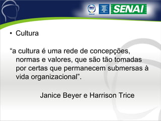 Cultura “ a cultura é uma rede de concepções, normas e valores, que são tão tomadas por certas que permanecem submersas à vida organizacional”.  Janice Beyer e Harrison Trice  