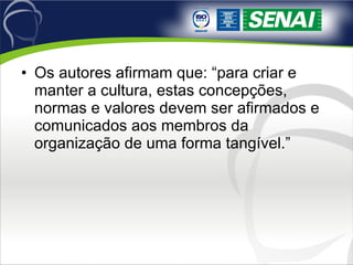 Os autores afirmam que: “para criar e manter a cultura, estas concepções, normas e valores devem ser afirmados e comunicados aos membros da organização de uma forma tangível.” 