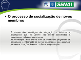 O processo de socialização de novos membros   É através das estratégias de integração do indivíduo à organização que os valores vão sendo transmitidos e incorporados pelos novos membros. As estratégias mais usuais são os chamados programas de treinamento e integração de novos funcionários, que assumem formatos e durações diversas conforme a organização. 