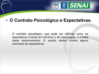 O Contrato Psicológico e Expectativas. O contrato psicológico, que pode ser definido como as expectativas mútuas do indivíduo e da organização, é a base deste relacionamento. O quadro abaixo mostra alguns exemplos de expectativas. 