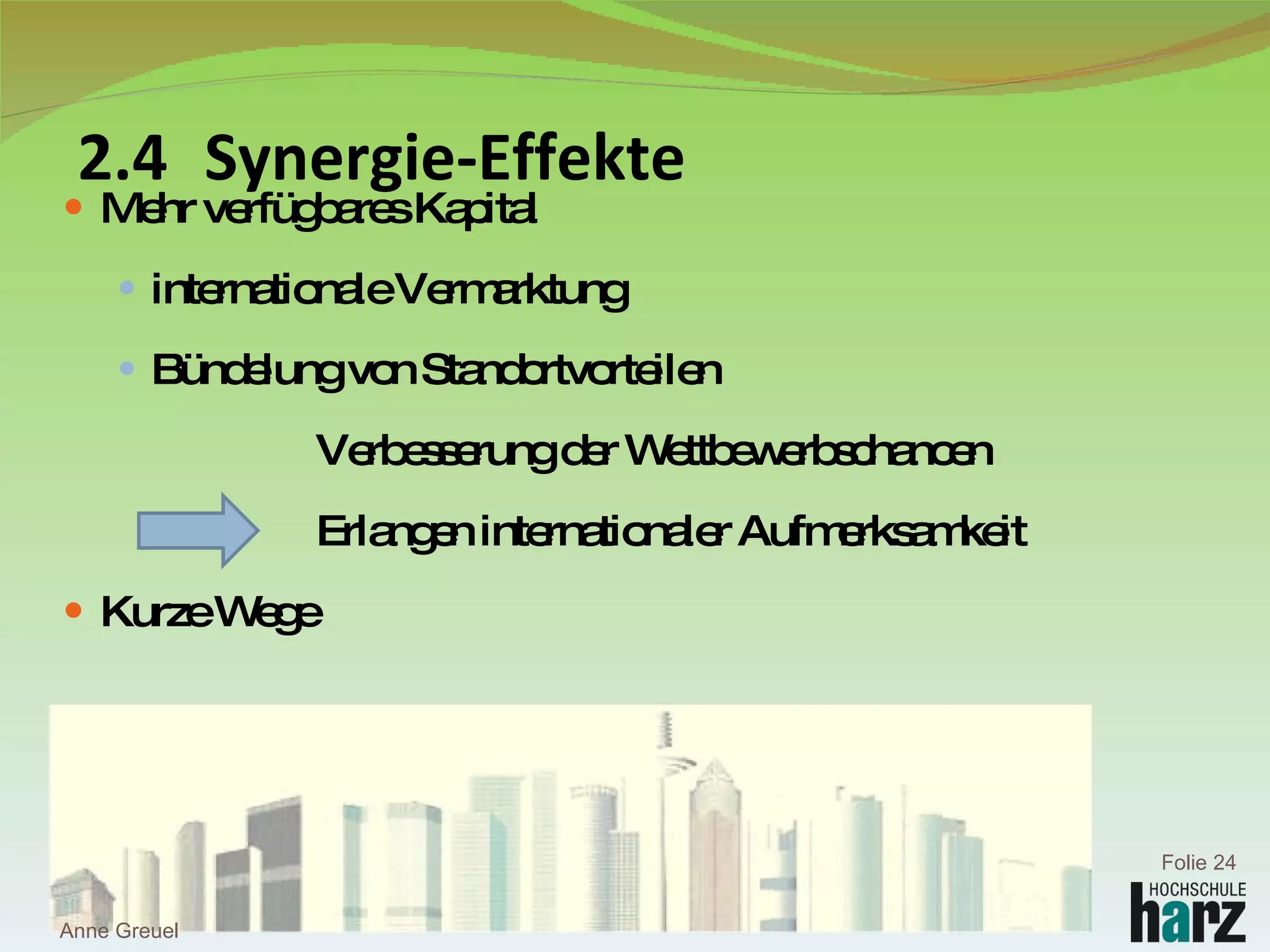 2.4 Synergie-Effekte Mehr verfügbares Kapital internationale Vermarktung Bündelung von Standortvorteilen Verbesserung der Wettbewerbschancen  Erlangen internationaler Aufmerksamkeit Kurze Wege Anne Greuel Folie  
