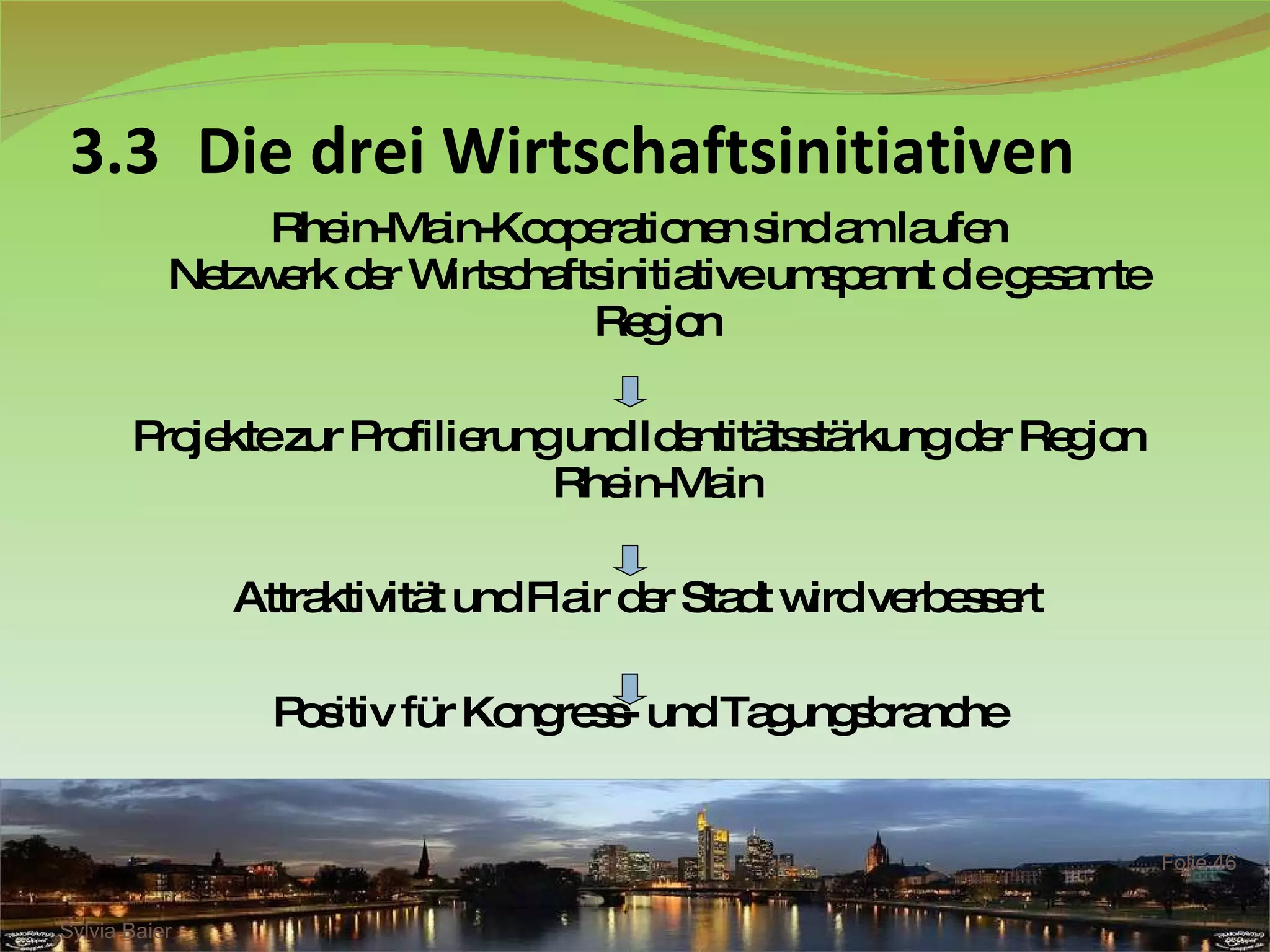3.3 Die drei Wirtschaftsinitiativen Rhein-Main-Kooperationen sind am laufen Netzwerk der Wirtschaftsinitiative umspannt die gesamte Region Projekte zur Profilierung und Identitätsstärkung der Region Rhein-Main Attraktivität und Flair der Stadt wird verbessert Positiv für Kongress- und Tagungsbranche Sylvia Baier Folie  