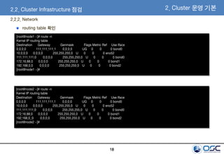 18
2.2.2. Network
routing table 확인
[root@node1 ~]# route -n
Kernel IP routing table
Destination Gateway Genmask Flags Metric Ref Use Iface
0.0.0.0 111.111.111.1 0.0.0.0 UG 0 0 0 bond0
10.0.0.0 0.0.0.0 255.255.255.0 U 0 0 0 eno52
111.111.111.0 0.0.0.0 255.255.255.0 U 0 0 0 bond0
172.16.88.0 0.0.0.0 255.255.255.0 U 0 0 0 bond1
192.168.0.0 0.0.0.0 255.255.255.0 U 0 0 0 bond2
[root@node1 ~]#
[root@node2 ~]# route -n
Kernel IP routing table
Destination Gateway Genmask Flags Metric Ref Use Iface
0.0.0.0 111.111.111.1 0.0.0.0 UG 0 0 0 bond0
10.0.0.0 0.0.0.0 255.255.255.0 U 0 0 0 eno52
111.111.111.0 0.0.0.0 255.255.255.0 U 0 0 0 bond0
172.16.88.0 0.0.0.0 255.255.255.0 U 0 0 0 bond1
192.168.0..0 0.0.0.0 255.255.255.0 U 0 0 0 bond2
[root@node2 ~]#
2.2. Cluster Infrastructure 점검 2. Cluster 운영 기본
 