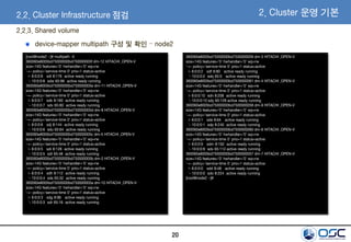 20
2.2.3. Shared volume
device-mapper multipath 구성 및 확인 – node2
2.2. Cluster Infrastructure 점검 2. Cluster 운영 기본
[root@node2 ~]# multipath -ll
360060e8005bd75000000bd750000005f dm-12 HITACHI ,OPEN-V
size=14G features='0' hwhandler='0' wp=rw
`-+- policy='service-time 0' prio=1 status=active
|- 6:0:0:8 sdl 8:176 active ready running
`- 10:0:0:8 sdw 65:96 active ready running
360060e8005bd75000000bd750000005e dm-11 HITACHI ,OPEN-V
size=14G features='0' hwhandler='0' wp=rw
`-+- policy='service-time 0' prio=1 status=active
|- 6:0:0:7 sdk 8:160 active ready running
`- 10:0:0:7 sdv 65:80 active ready running
360060e8005bd75000000bd750000005d dm-8 HITACHI ,OPEN-V
size=14G features='0' hwhandler='0' wp=rw
`-+- policy='service-time 0' prio=1 status=active
|- 6:0:0:6 sdj 8:144 active ready running
`- 10:0:0:6 sdu 65:64 active ready running
360060e8005bd75000000bd750000005c dm-5 HITACHI ,OPEN-V
size=14G features='0' hwhandler='0' wp=rw
`-+- policy='service-time 0' prio=1 status=active
|- 6:0:0:5 sdi 8:128 active ready running
`- 10:0:0:5 sdt 65:48 active ready running
360060e8005bd75000000bd750000005b dm-2 HITACHI ,OPEN-V
size=14G features='0' hwhandler='0' wp=rw
`-+- policy='service-time 0' prio=1 status=active
|- 6:0:0:4 sdh 8:112 active ready running
`- 10:0:0:4 sds 65:32 active ready running
360060e8005bd75000000bd750000005a dm-10 HITACHI ,OPEN-V
size=14G features='0' hwhandler='0' wp=rw
`-+- policy='service-time 0' prio=1 status=active
|- 6:0:0:3 sdg 8:96 active ready running
`- 10:0:0:3 sdr 65:16 active ready running
360060e8005bd75000000bd7500000059 dm-3 HITACHI ,OPEN-V
size=14G features='0' hwhandler='0' wp=rw
`-+- policy='service-time 0' prio=1 status=active
|- 6:0:0:2 sdf 8:80 active ready running
`- 10:0:0:2 sdq 65:0 active ready running
360060e8005bd75000000bd7500000061 dm-4 HITACHI ,OPEN-V
size=14G features='0' hwhandler='0' wp=rw
`-+- policy='service-time 0' prio=1 status=active
|- 6:0:0:10 sdn 8:208 active ready running
`- 10:0:0:10 sdy 65:128 active ready running
360060e8005bd75000000bd7500000058 dm-9 HITACHI ,OPEN-V
size=14G features='0' hwhandler='0' wp=rw
`-+- policy='service-time 0' prio=1 status=active
|- 6:0:0:1 sde 8:64 active ready running
`- 10:0:0:1 sdp 8:240 active ready running
360060e8005bd75000000bd7500000060 dm-6 HITACHI ,OPEN-V
size=14G features='0' hwhandler='0' wp=rw
`-+- policy='service-time 0' prio=1 status=active
|- 6:0:0:9 sdm 8:192 active ready running
`- 10:0:0:9 sdx 65:112 active ready running
360060e8005bd75000000bd7500000057 dm-7 HITACHI ,OPEN-V
size=14G features='0' hwhandler='0' wp=rw
`-+- policy='service-time 0' prio=1 status=active
|- 6:0:0:0 sdd 8:48 active ready running
`- 10:0:0:0 sdo 8:224 active ready running
[root@node2 ~]#
 
