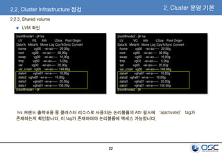 22
2.2.3. Shared volume
LVM 확인
[root@node1 ~]# lvs
LV VG Attr LSize Pool Origin
Data% Meta% Move Log Cpy%Sync Convert
home vg00 -wi-ao---- 20.00g
root vg00 -wi-ao---- 30.00g
swap vg00 -wi-ao---- 16.00g
tmp vg00 -wi-ao---- 5.00g
var vg00 -wi-ao---- 20.00g
var_crash vg00 -wi-ao---- 149.86g
data4 vgha01 -wi-a----- 10.00g
data2 vgha01 -wi-a----- 10.00g
data3 vgha01 -wi-a----- 20.00g
data1 vgha01 -wi-a----- 100.00g
[root@node1 ~]#
[root@node2 ~]# lvs
LV VG Attr LSize Pool Origin
Data% Meta% Move Log Cpy%Sync Convert
home vg00 -wi-ao---- 20.00g
root vg00 -wi-ao---- 30.00g
swap vg00 -wi-ao---- 16.00g
tmp vg00 -wi-ao---- 5.00g
var vg00 -wi-ao---- 20.00g
var_crash vg00 -wi-ao---- 149.86g
data4 vgha01 -wi-a----- 10.00g
data2 vgha01 -wi-a----- 10.00g
data3 vgha01 -wi-a----- 20.00g
data1 vgha01 -wi-a----- 100.00g
[root@node2 ~]#
2.2. Cluster Infrastructure 점검 2. Cluster 운영 기본
lvs 커맨드 출력내용 중 클러스터 리소스로 사용되는 논리볼륨의 Attr 필드에 “a(activate)” tag가
존재하는지 확인합니다. 이 tag가 존재하여야 논리볼륨에 액세스 가능합니다.
 