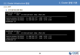 23
2.2.4. NTP
시각 동기화 상태 확인
[root@node1 ~]# ntpq -p
remote refid st t when poll reach delay offset jitter
==============================================================================
*send.mx.cdnetwo 133.100.8.2 2 u 686 1024 377 4.666 -0.279 1.777
+dadns.cdnetwork 133.100.8.2 2 u 529 1024 377 3.465 0.770 2.449
[root@node1 ~]#
[root@node2 ~]# ntpq -p
remote refid st t when poll reach delay offset jitter
==============================================================================
*send.mx.cdnetwo 133.100.8.2 2 u 686 1024 377 4.666 -0.279 1.777
+dadns.cdnetwork 133.100.8.2 2 u 529 1024 377 3.465 0.770 2.449
[root@node2 ~]#
2.2. Cluster Infrastructure 점검 2. Cluster 운영 기본
 