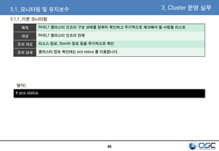 46
3.1.1. 기본 모니터링
3. Cluster 운영 실무3.1. 모니터링 및 유지보수
# pcs status
형식)
목적 RHEL7 클러스터 인프라 구성 상태를 정확히 확인하고 주기적으로 체크해야 할 사항을 리스트
대상 RHEL7 클러스터 인프라 전체
조치 개요 리소스 정보, Stonith 정보 등을 주기적으로 확인
조치 상세 클러스터 정보 확인에는 pcs status 를 이용합니다.
 